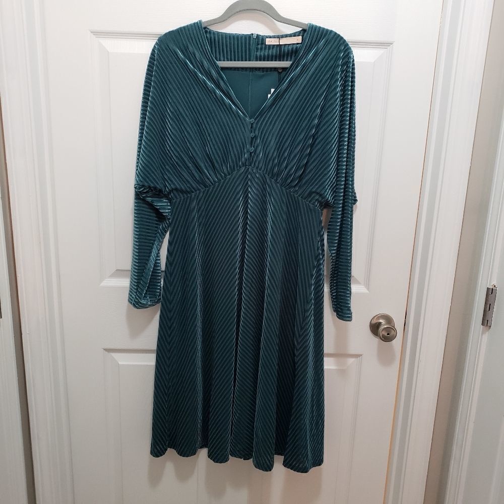 PAISIE TEAL VELVET STRIPE V NECK MIDI DRESS NWT SIZE 14